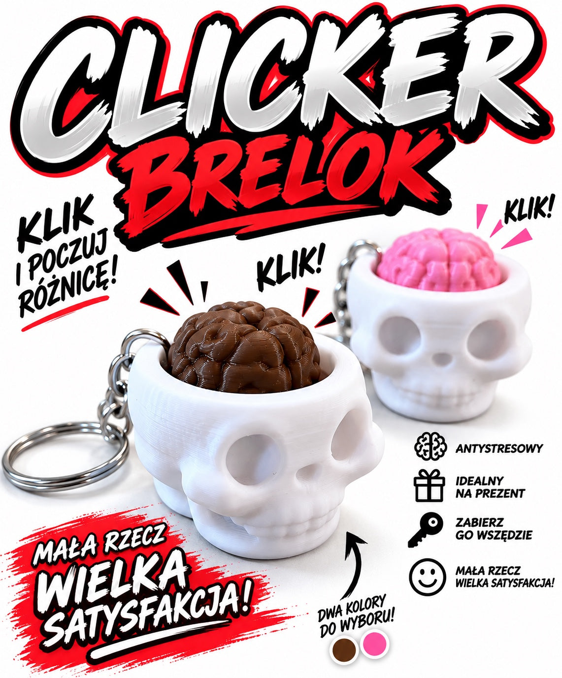 Clicker Brelok Antystresowy Czaszka z Mózgiem – Klikacz Fidget do Kluczy, Gadżet Sensoryczny