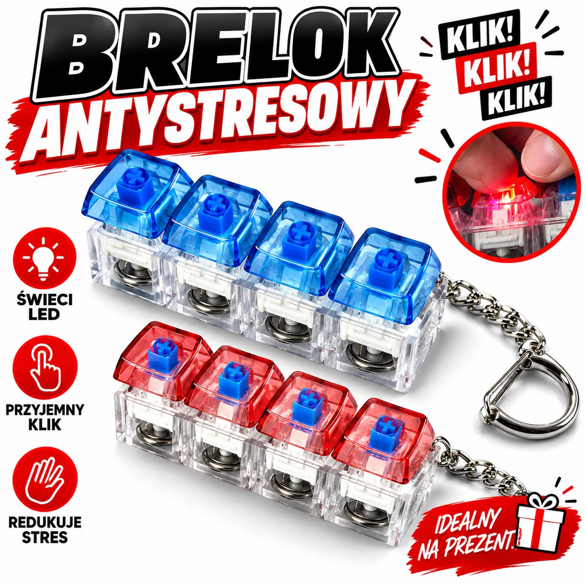 Brelok Antystresowy 4-Klawiszowy z LED – Clicker Fidget do Kluczy, Redukcja Stresu