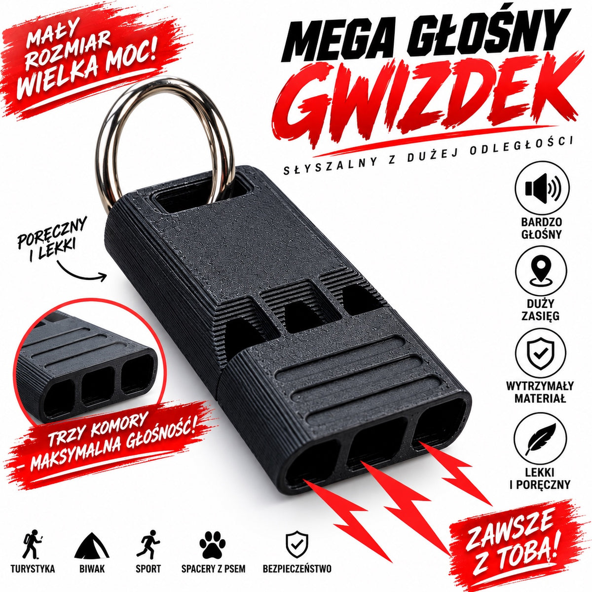 Mega Głośny Gwizdek 3-Komorowy – Gwizdek Alarmowy o Dużej Mocy, Lekki i Poręczny