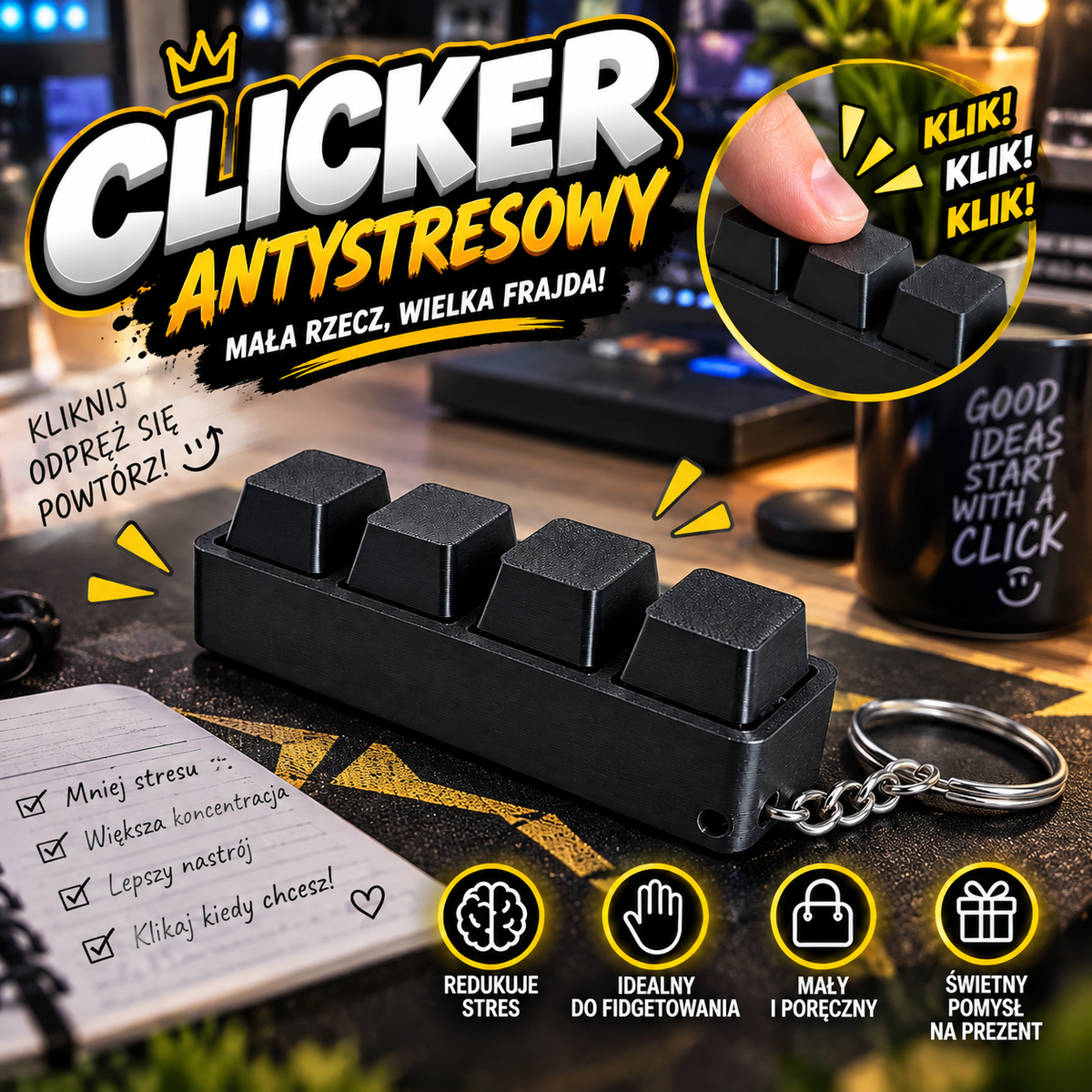 Clicker Antystresowy 4-Klawiszowy brelok fidget