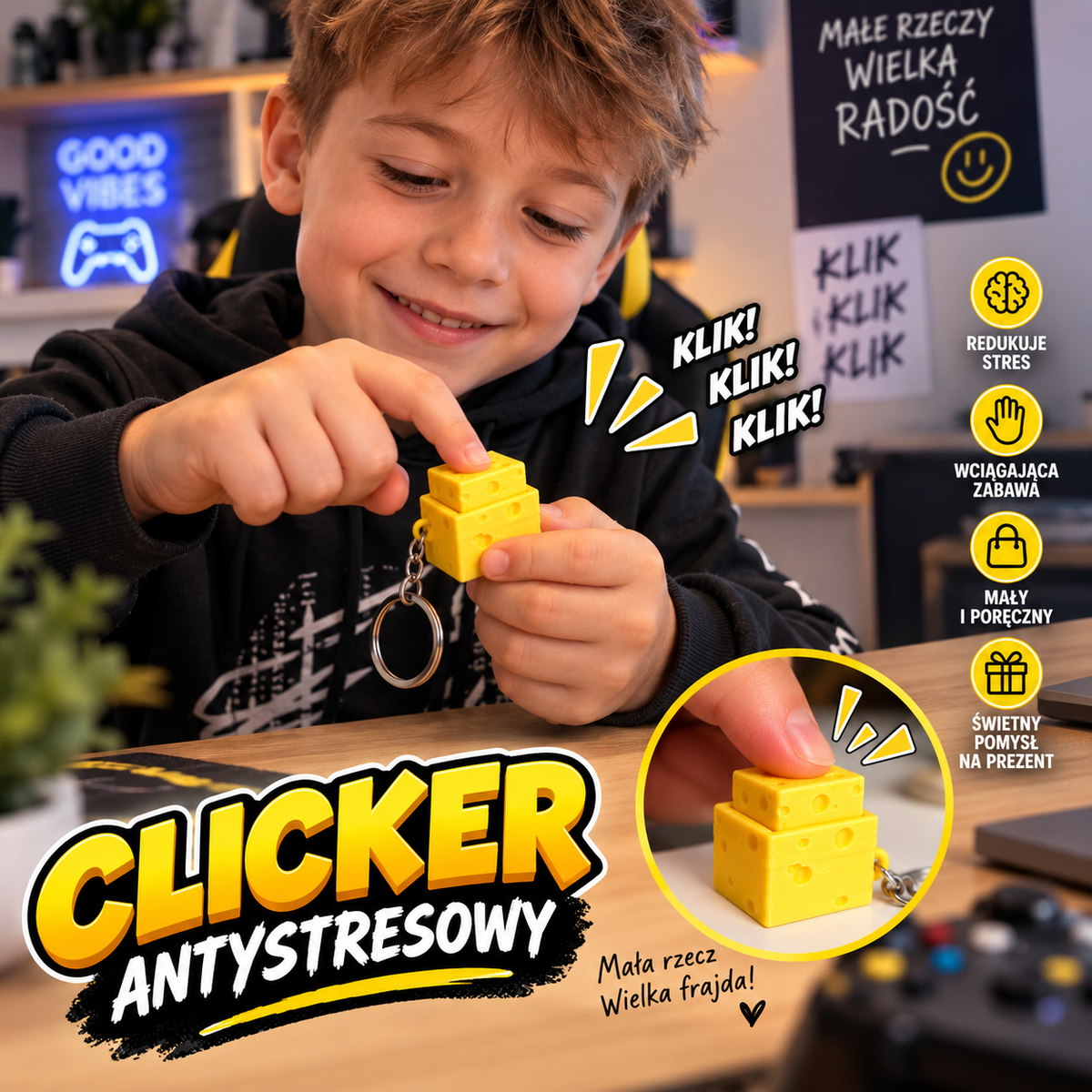 Clicker Antystresowy Ser - brelok fidget