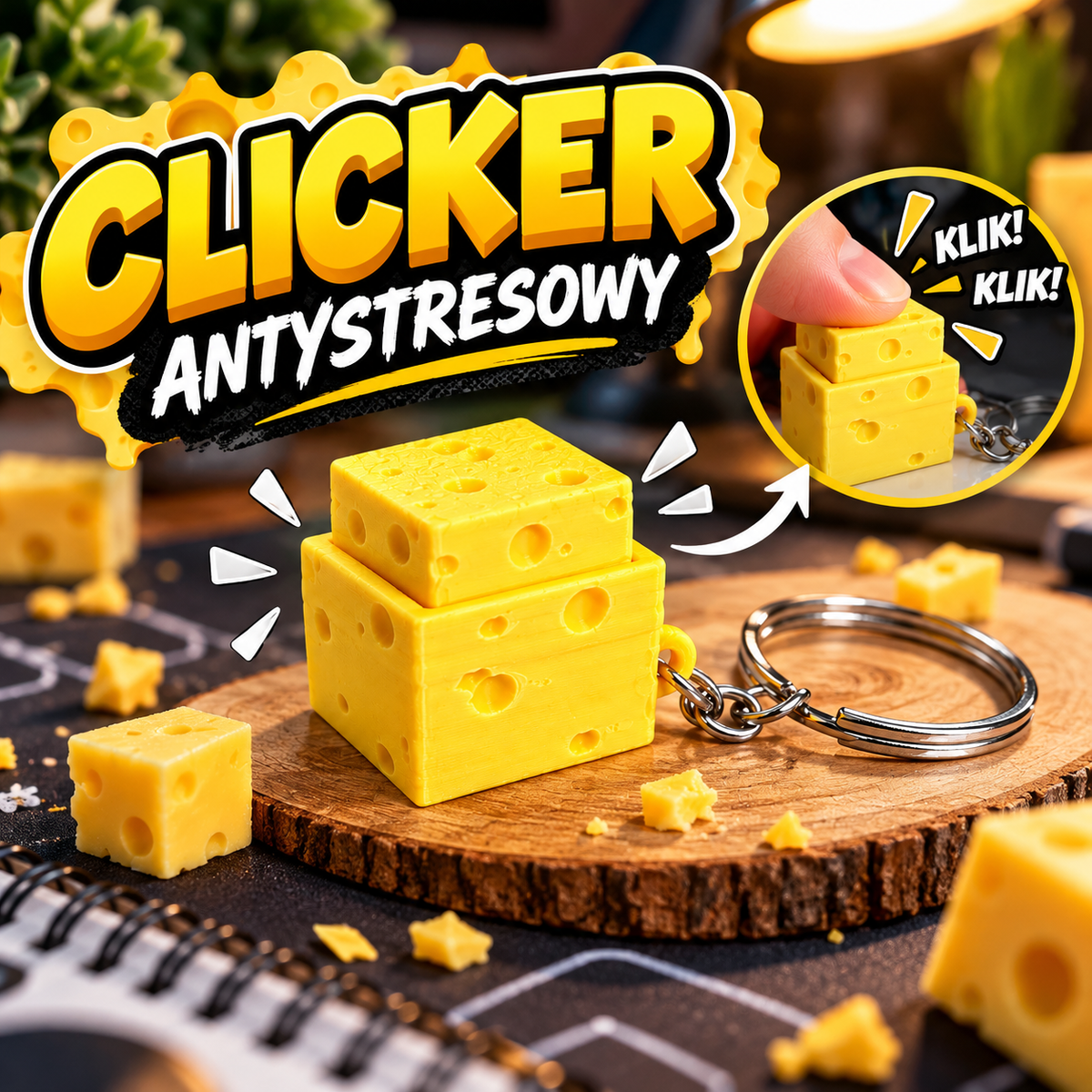 Clicker Antystresowy Ser - brelok fidget