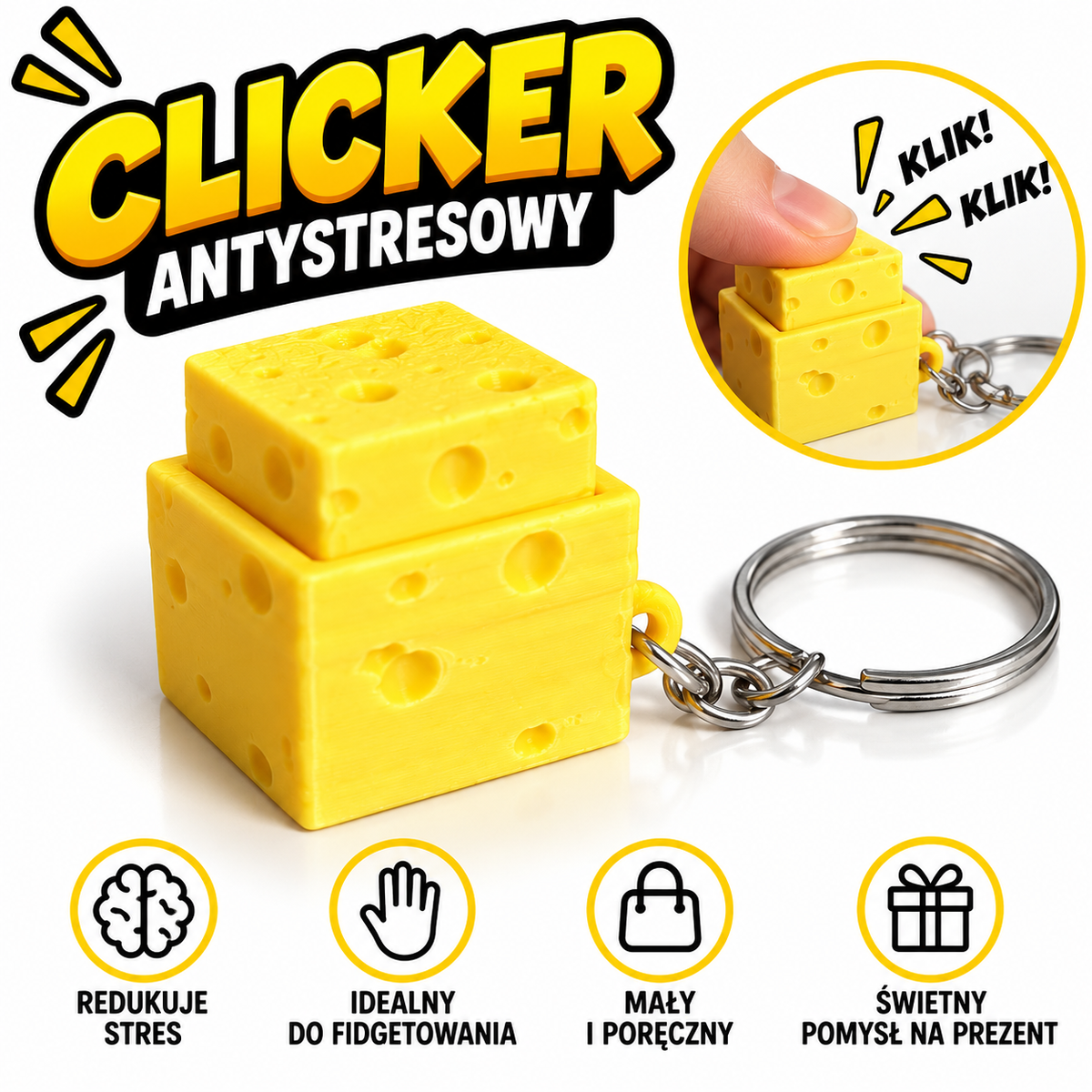 Clicker Antystresowy Ser - brelok fidget
